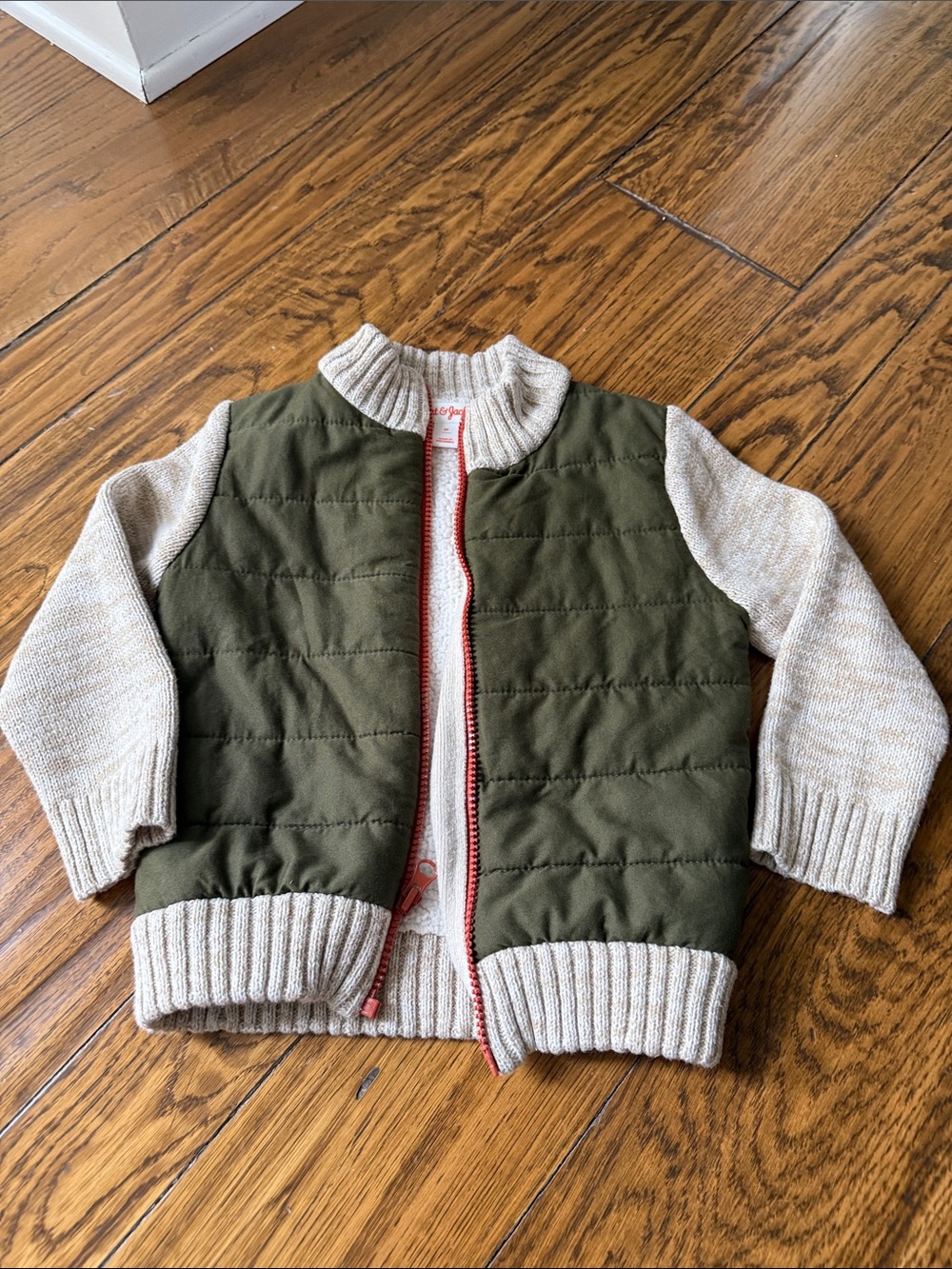 Kids Quilted Green Vest with Cream Knit Sleeves